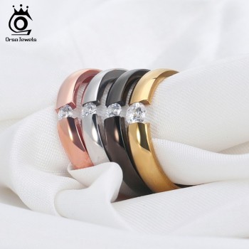 ORSA JEWELS New Fashion 316L Stainless Steel Rings Shining Crystal Men Women Wedding Engagement Rings 4 Colors Available OTR48