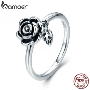BAMOER 100% Real 925 Sterling Silver Romantic Rose Flower Leaves Female Finger Ring for Women Wedding Engagement Jewelry SCR274