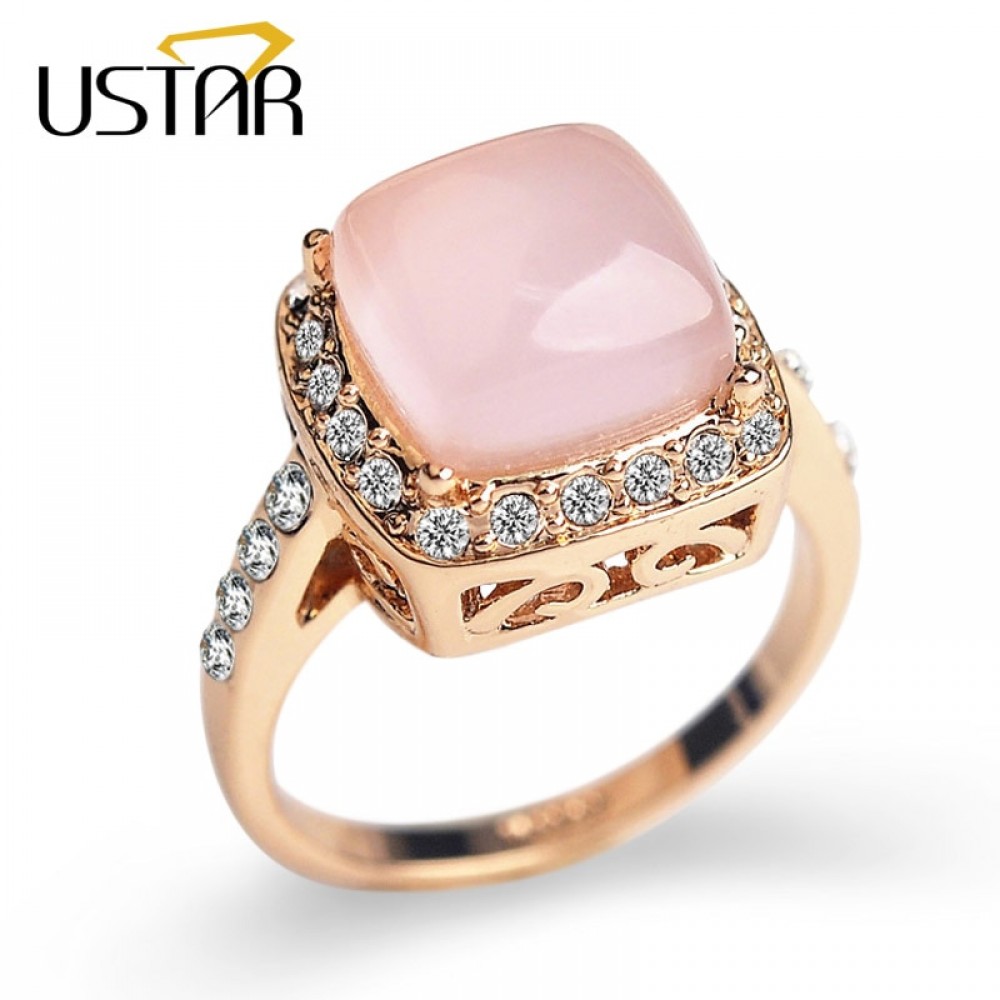 USTAR Square semi-precious stone wedding Rings for women Rose Gold color Cubic Zirconia Crystals Engagement rings female Anel