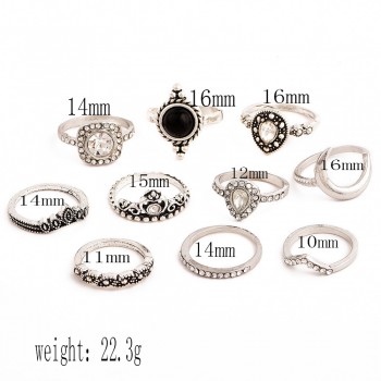 10 Pcs/set Bohemian Retro Gem Crown Crystal Moon Heart Waves Geometric Silver Ring Set Women Party Jewelry Gifts