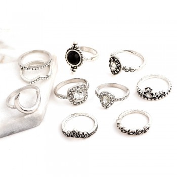 10 Pcs/set Bohemian Retro Gem Crown Crystal Moon Heart Waves Geometric Silver Ring Set Women Party Jewelry Gifts