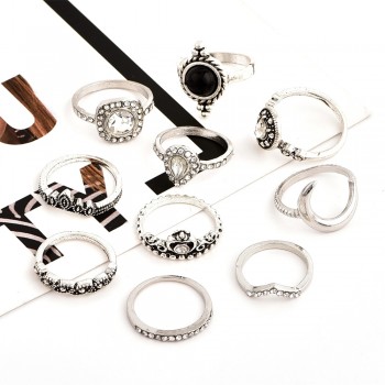 10 Pcs/set Bohemian Retro Gem Crown Crystal Moon Heart Waves Geometric Silver Ring Set Women Party Jewelry Gifts