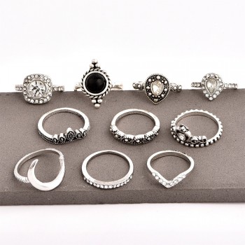 10 Pcs/set Bohemian Retro Gem Crown Crystal Moon Heart Waves Geometric Silver Ring Set Women Party Jewelry Gifts