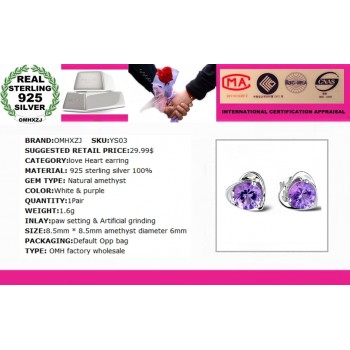 OMHXZJ wholesale Fashion jewelry crystal heart International certification Amethyst real 925 sterling silver Stud earrings YS03