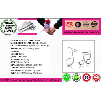 OMHXZJ WHOLESALE OL Fashion girl woman jewelry music symbol REAL S 925 STERLING SILVER STUD EARRINGS YS84