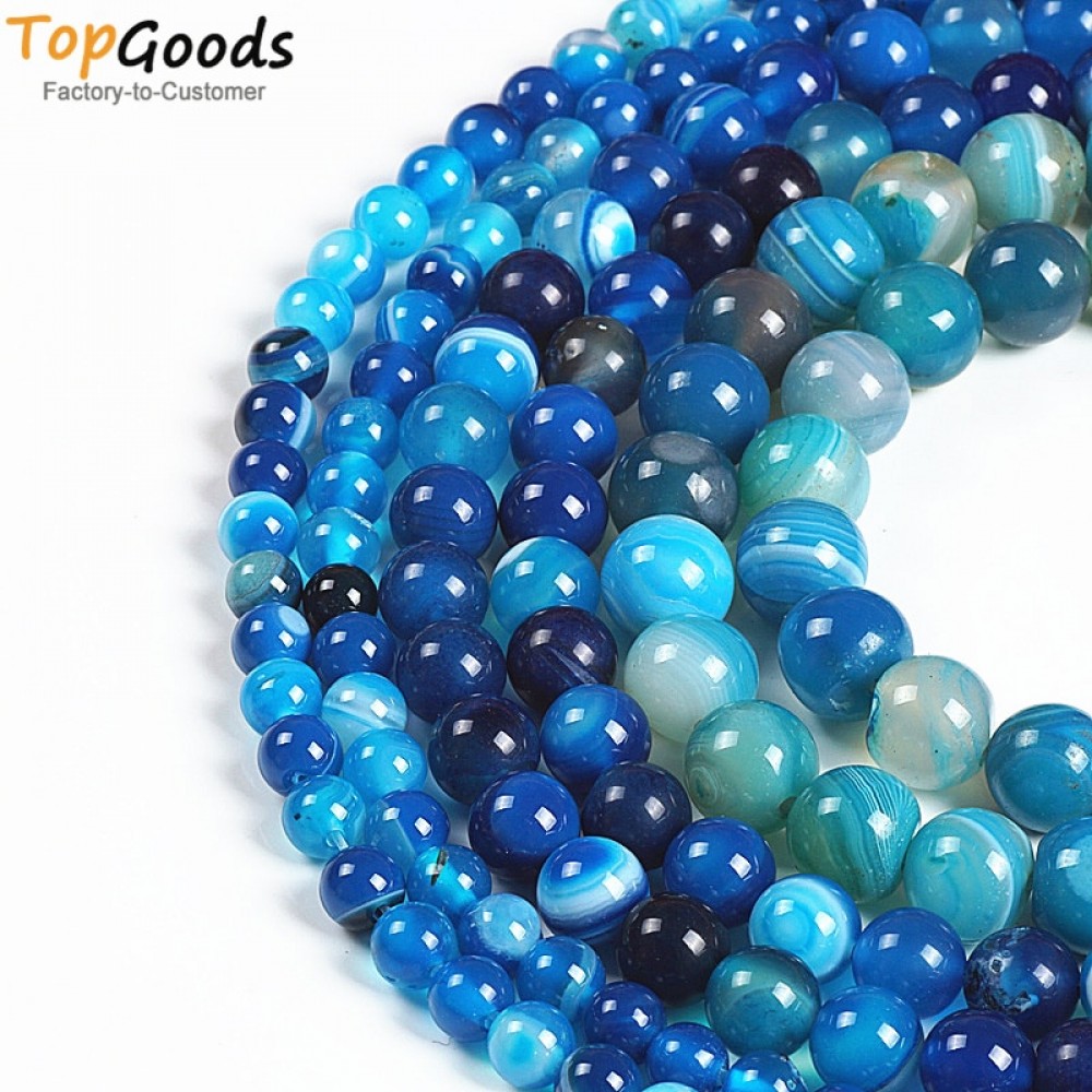 TopGoods Natural Stone Beads Blue Striated Agate Round Loose Blove DIY Bracelet  Material 6 8 10 12mm Beads for Jewelry  Making