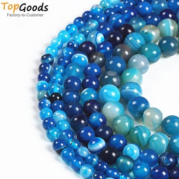 TopGoods Natural Stone Beads Blue Striated Agate Round Loose Blove DIY Bracelet  Material 6 8 10 12mm Beads for Jewelry  Making