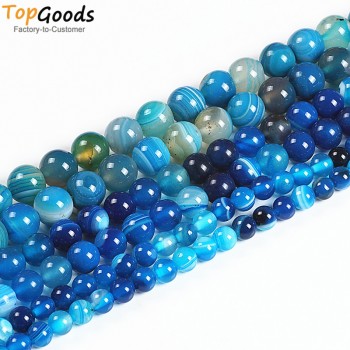 TopGoods Natural Stone Beads Blue Striated Agate Round Loose Blove DIY Bracelet  Material 6 8 10 12mm Beads for Jewelry  Making