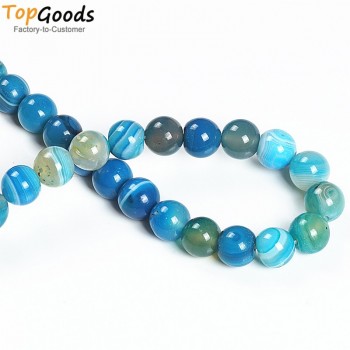 TopGoods Natural Stone Beads Blue Striated Agate Round Loose Blove DIY Bracelet  Material 6 8 10 12mm Beads for Jewelry  Making