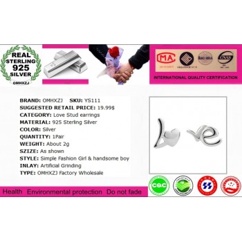OMHXZJ wholesale Fashion jewelry beautiful girl sexy woman English alphabet heart Love 925 sterling silver Stud earrings YS111