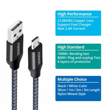 FONKEN Micro USB Cable 2.4A Mini USB Quick Charger Phone Cable 2128AWG 1m 2m 3m Fast Charge Braid Cord for Android Data Cables