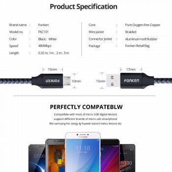 FONKEN Micro USB Cable 2.4A Mini USB Quick Charger Phone Cable 2128AWG 1m 2m 3m Fast Charge Braid Cord for Android Data Cables