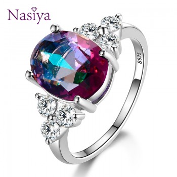 Womens Jewelry 925 Sterling Silver Rings White Pink Light Blue Champagne Zircon Oval Wedding Ring