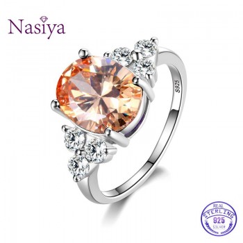 Womens Jewelry 925 Sterling Silver Rings White Pink Light Blue Champagne Zircon Oval Wedding Ring