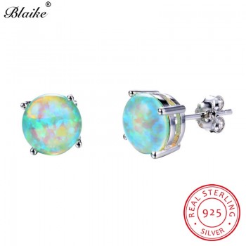 Blaike 8MM Round Stone Green Fire Opal Stud Earrings For Women Genuine 925 Sterling Silver Birthstone Earrings Fashion Jewelry