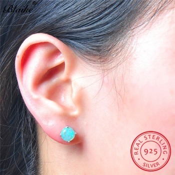 Blaike 8MM Round Stone Green Fire Opal Stud Earrings For Women Genuine 925 Sterling Silver Birthstone Earrings Fashion Jewelry