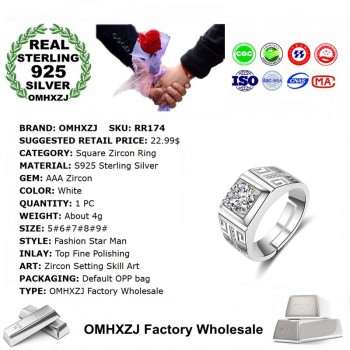 OMHXZJ Wholesale European Fashion Man Party Wedding Gift Silver White Square AAA Zircon 925 Sterling Silver Ring RR174