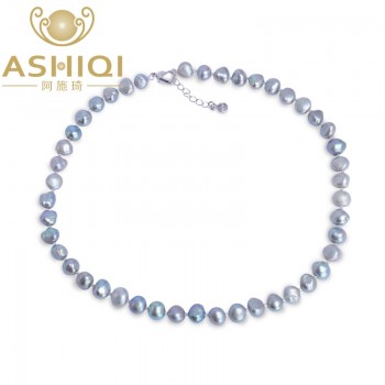 ASHIQI Real Natural Freshwater Baroque Pearl Necklace For Women 9-10mm Black Gray Pearl Jewelry with Gold Plated Clasp