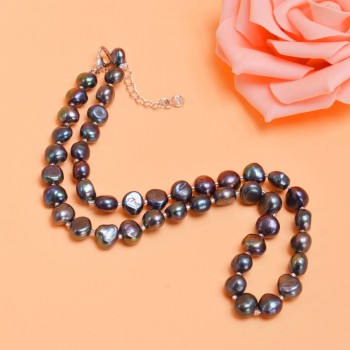 ASHIQI Real Natural Freshwater Baroque Pearl Necklace For Women 9-10mm Black Gray Pearl Jewelry with Gold Plated Clasp
