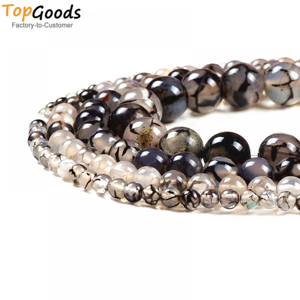 TopGoods Natural Black Vein Agate Stone Beads Round Loose Black Line Onyx DIY Women Jewelry Bracelet 4-12mm for Jewelry Making