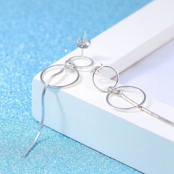 OMHXZJ Wholesale Jewelry Simple Fashion joker star for Woman Gift Double Circle 925 Sterling Silver Tassel Stud Earrings YS237