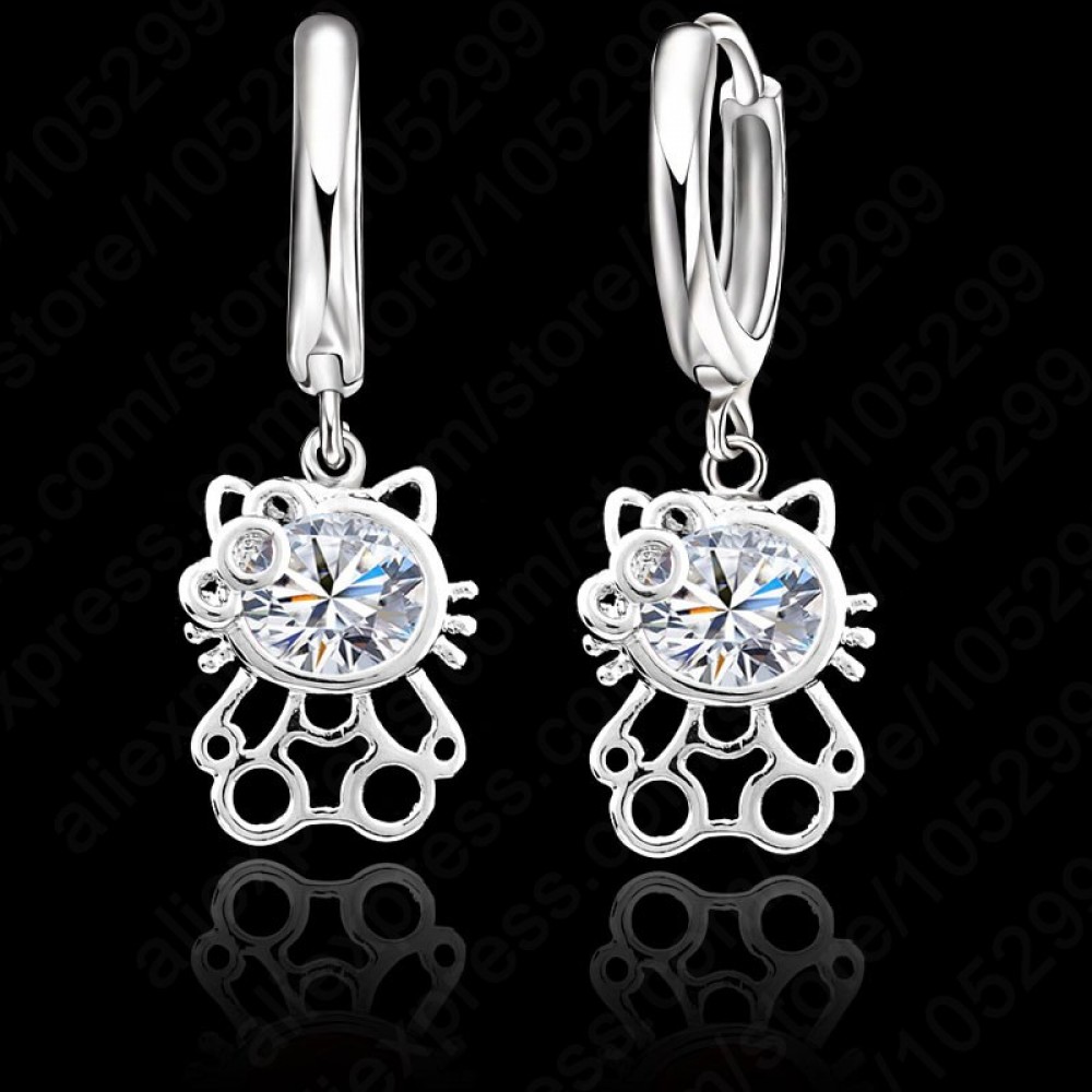 Jemmin Good Quality 925 Sterling Silver Cubic Zirconia Lever Back Loop Earrings Lovely Kitty Design Jewelry For Woman Girl