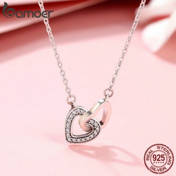 BAMOER Valentine Day Gift 925 Sterling Silver Connected Heart Couple Heart Pendant Necklace for Girlfriend Silver Jewelry SCN181