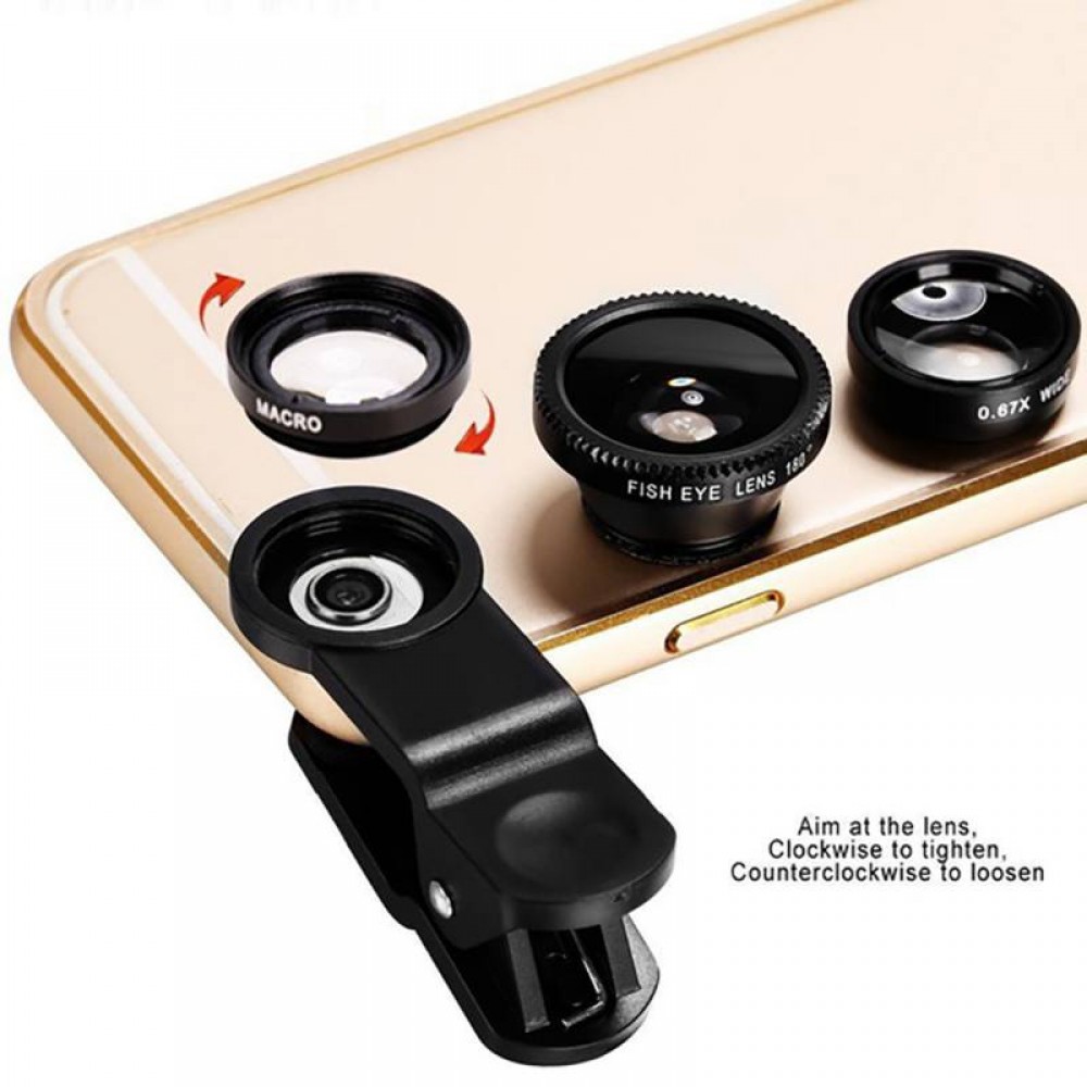 3in1 Clip-on Mobile Phone Camera Lens Kit 180 Degree Fisheye Lens + Wide Angle 0.67X Macro Universal External Lens for Cellphone