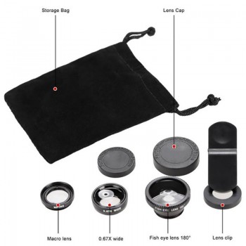 3in1 Clip-on Mobile Phone Camera Lens Kit 180 Degree Fisheye Lens + Wide Angle 0.67X Macro Universal External Lens for Cellphone