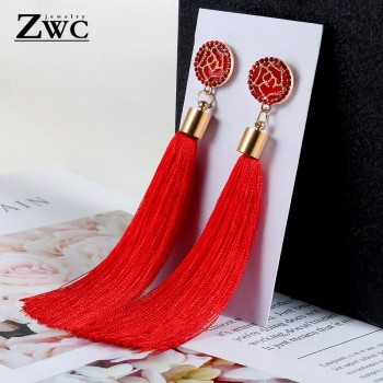 ZWC New Fashion Luxury Crystal Tassel Earrings for Women Girl Wedding Party Charm Elegant Red Long Earring Jewelry Gift