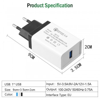 EU USB Charger Quick Charge 3.0 Fast Charger QC3.0 QC2.0 18W Portable Wall USB Power Adapter Charging for iPhone xiaomi samsung