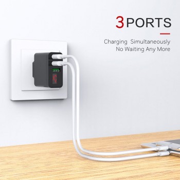 Usb charger 3 port LED Display amp; qc3.0 fast charger plug for iPhone Samsung Xiaomi Huawei Wall Travel EU Smart Desktop Chargers