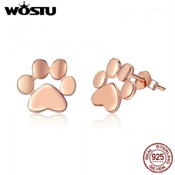 WOSTU Real 925 Sterling Silver Cute Dog Footprints Tiny Stud Earrings for Women Party S925 Silver Jewelry Gift CQE407