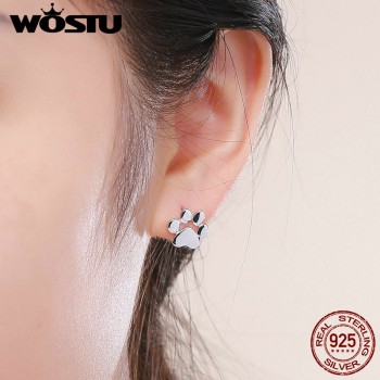 WOSTU Real 925 Sterling Silver Cute Dog Footprints Tiny Stud Earrings for Women Party S925 Silver Jewelry Gift CQE407