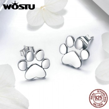 WOSTU Real 925 Sterling Silver Cute Dog Footprints Tiny Stud Earrings for Women Party S925 Silver Jewelry Gift CQE407