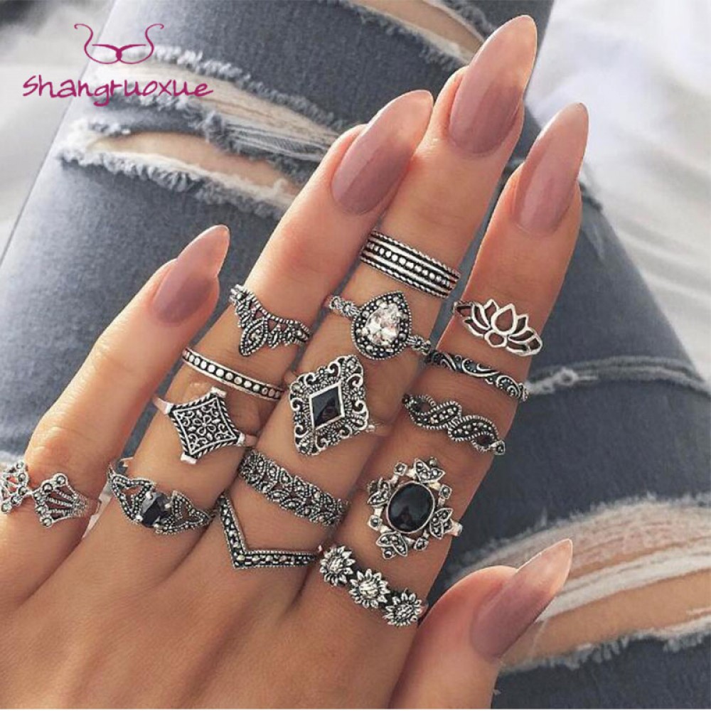15 Pcs/set Bohemian Retro Crystal Flower Leaves Hollow Lotus Gem Silver Ring Set Women Wedding Anniversary Gift
