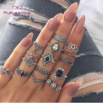 15 Pcs/set Bohemian Retro Crystal Flower Leaves Hollow Lotus Gem Silver Ring Set Women Wedding Anniversary Gift