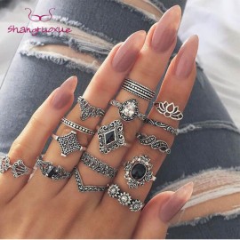 15 Pcs/set Bohemian Retro Crystal Flower Leaves Hollow Lotus Gem Silver Ring Set Women Wedding Anniversary Gift