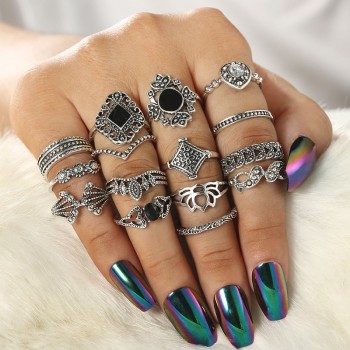 15 Pcs/set Bohemian Retro Crystal Flower Leaves Hollow Lotus Gem Silver Ring Set Women Wedding Anniversary Gift