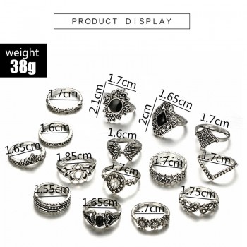 15 Pcs/set Bohemian Retro Crystal Flower Leaves Hollow Lotus Gem Silver Ring Set Women Wedding Anniversary Gift