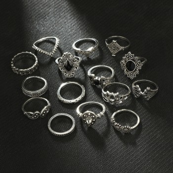 15 Pcs/set Bohemian Retro Crystal Flower Leaves Hollow Lotus Gem Silver Ring Set Women Wedding Anniversary Gift