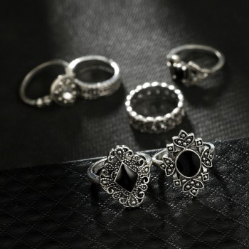 15 Pcs/set Bohemian Retro Crystal Flower Leaves Hollow Lotus Gem Silver Ring Set Women Wedding Anniversary Gift