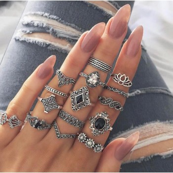 15 Pcs/set Bohemian Retro Crystal Flower Leaves Hollow Lotus Gem Silver Ring Set Women Wedding Anniversary Gift