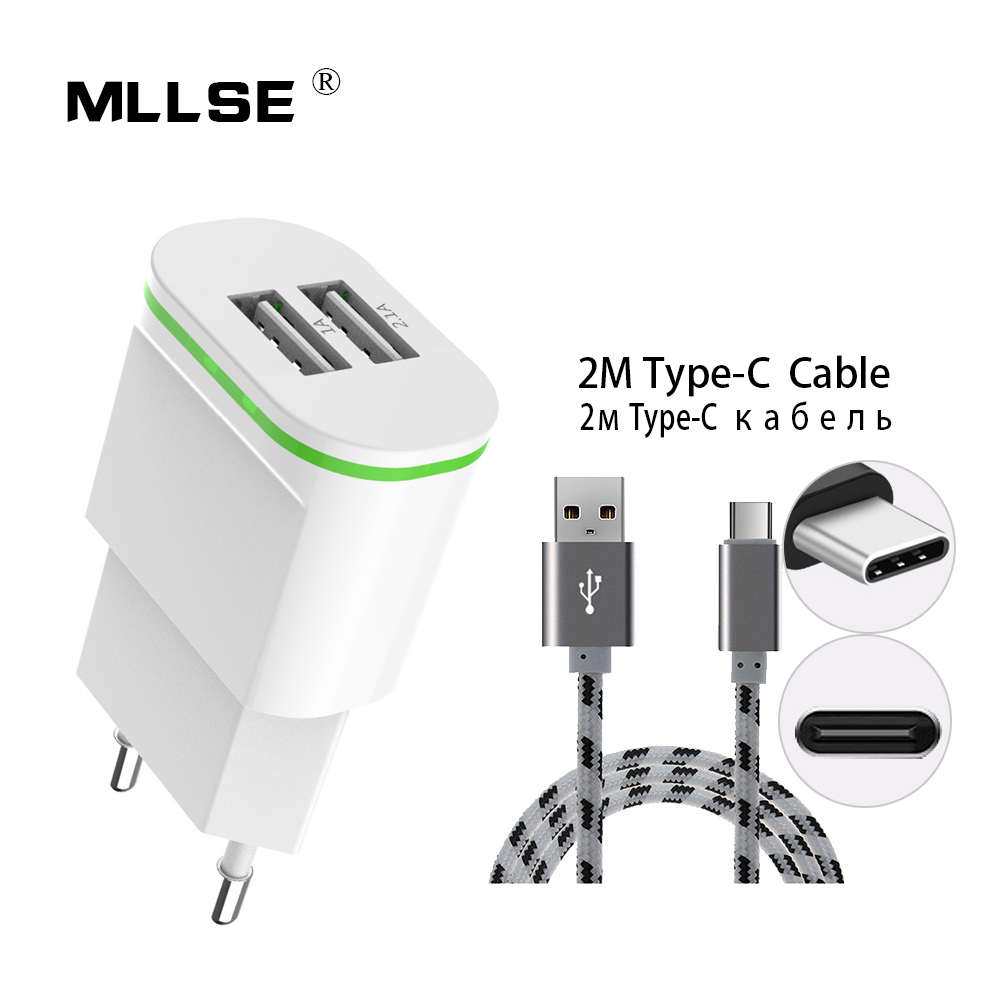 US EU Plug 2 Ports USB Charger with Cable 5V 2A Wall Adapter Mobile Phone Type-C Data Charging For iPhone iPad Samsung Xiaomi