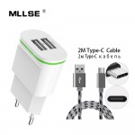 US EU Plug 2 Ports USB Charger with Cable 5V 2A Wall Adapter Mobile Phone Type-C Data Charging For iPhone iPad Samsung Xiaomi