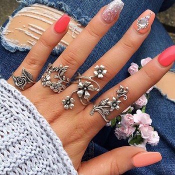 docona Vintage Rose Flower Rings Set for Women Girl Bohemia Antique Silver Color Midi Rings Set Floral Knuckle Ring  6047