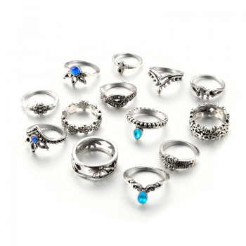 Tocona 13pcs/Set Bohemia Antique Silver Crown Flower Unicorn Carved Rings Sets RhineStone Knuckle Rings for Women Jewelry 4841