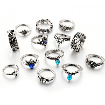 Tocona 13pcs/Set Bohemia Antique Silver Crown Flower Unicorn Carved Rings Sets RhineStone Knuckle Rings for Women Jewelry 4841