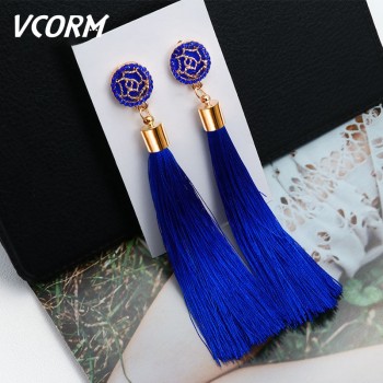 VCORM Bohemian Statement Long Tassel Drop Earrings for Women Fashion Vintage Ethnic Crystal Dangle Fringe Lady Earring jewelry