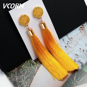 VCORM Bohemian Statement Long Tassel Drop Earrings for Women Fashion Vintage Ethnic Crystal Dangle Fringe Lady Earring jewelry